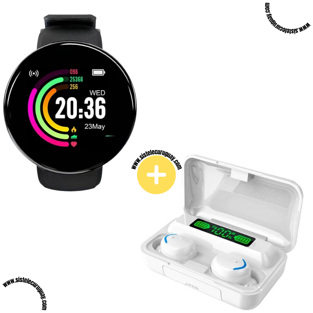 Smart Bracelet Circular con Monitor Cardíaco y Funciones Deportivas + Auriculares Inalámbricos F9 con Power Bank y Pantalla LED