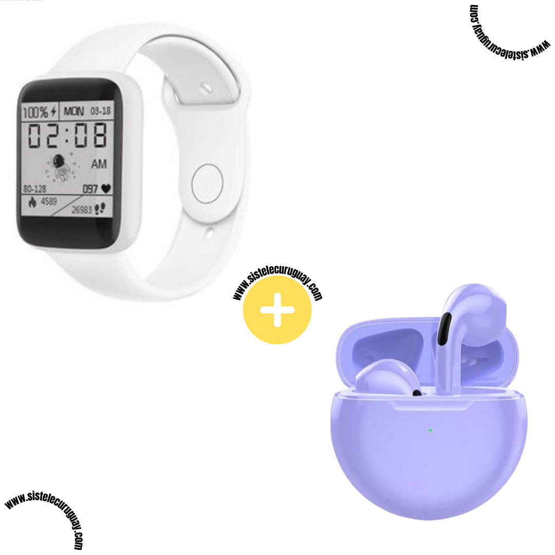 Smart Bracelet D20 PRO con Monitor Cardíaco y Control Deportivo + Auriculares Inalámbricos PRO6 con Bluetooth 5.0 y Caja de Carga