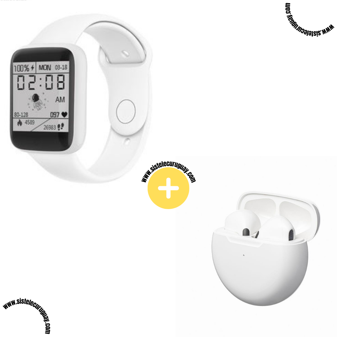 Smart Bracelet D20 PRO con Monitor Cardíaco y Control Deportivo + Auriculares Inalámbricos PRO6 con Bluetooth 5.0 y Caja de Carga