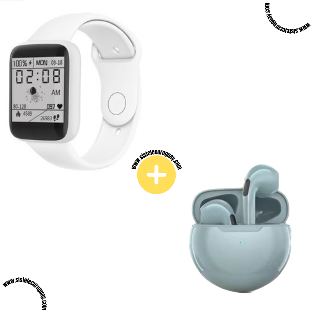 Smart Bracelet D20 PRO con Monitor Cardíaco y Control Deportivo + Auriculares Inalámbricos PRO6 con Bluetooth 5.0 y Caja de Carga