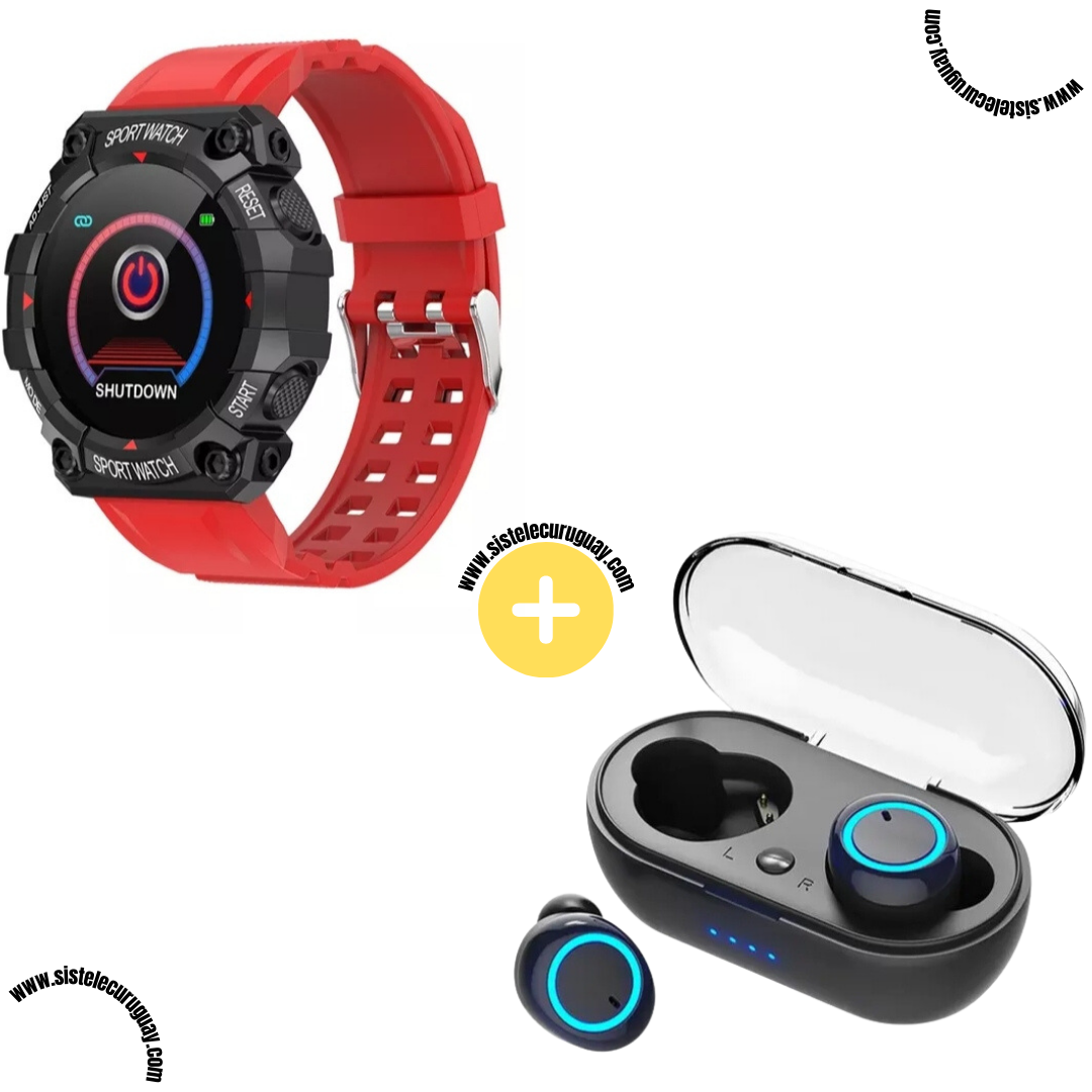 Sport Watch con Funciones Deportivas y Monitor Cardíaco + Auriculares Inalámbricos TWS Táctiles con Caja de Carga