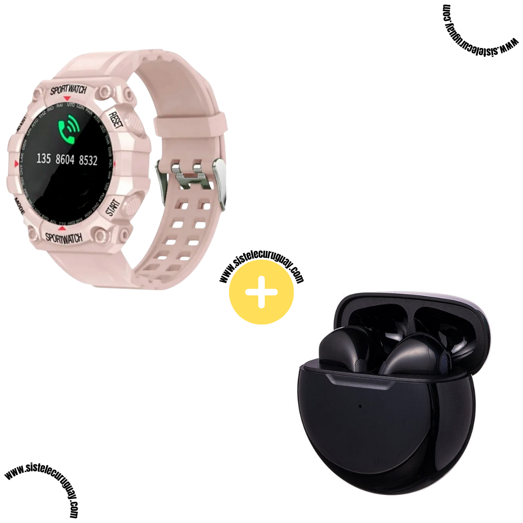 Sport Watch con Monitor Cardíaco y Funciones Deportivas + Auriculares Inalámbricos PRO6 con Bluetooth 5.0 y Caja de Carga