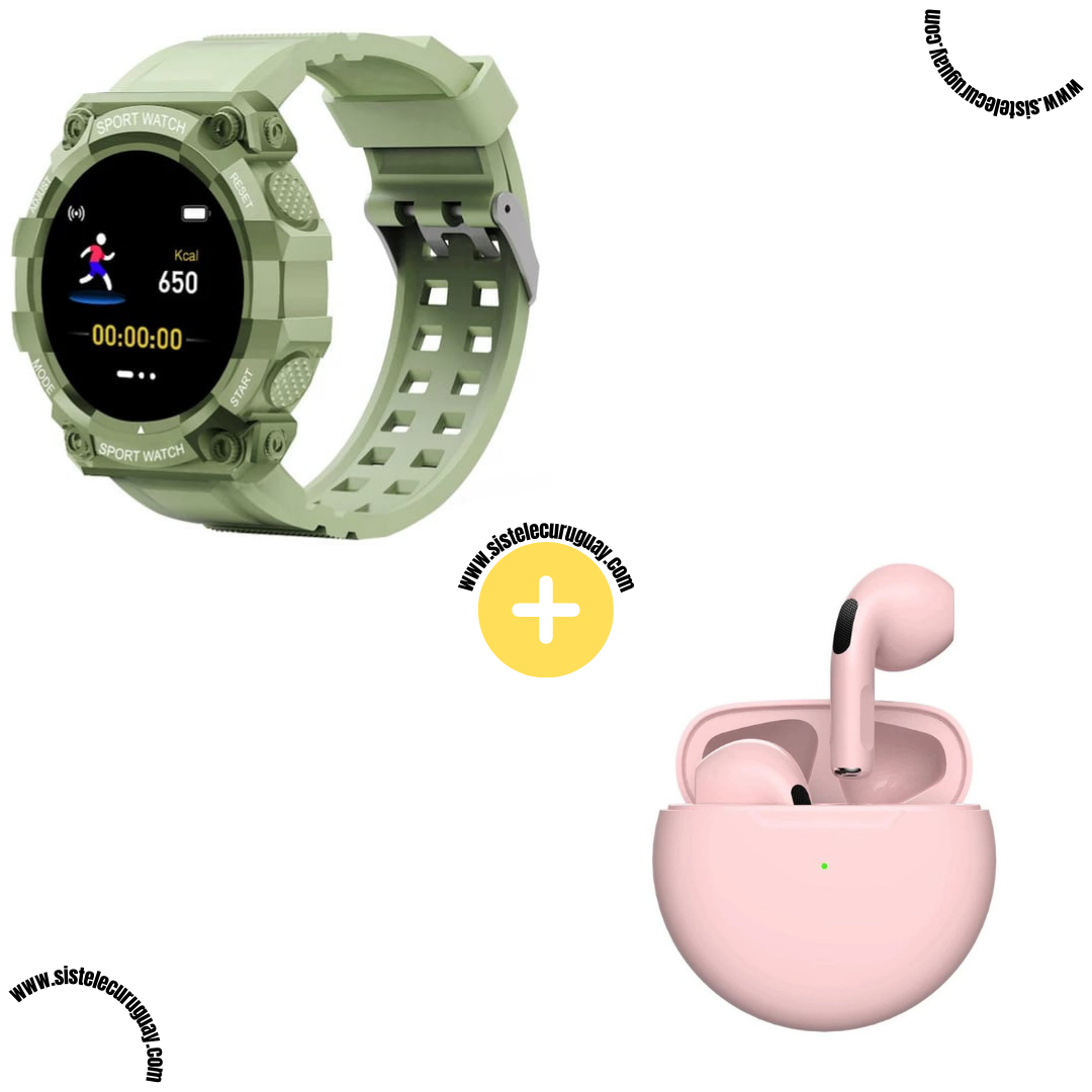 Sport Watch con Monitor Cardíaco y Funciones Deportivas + Auriculares Inalámbricos PRO6 con Bluetooth 5.0 y Caja de Carga