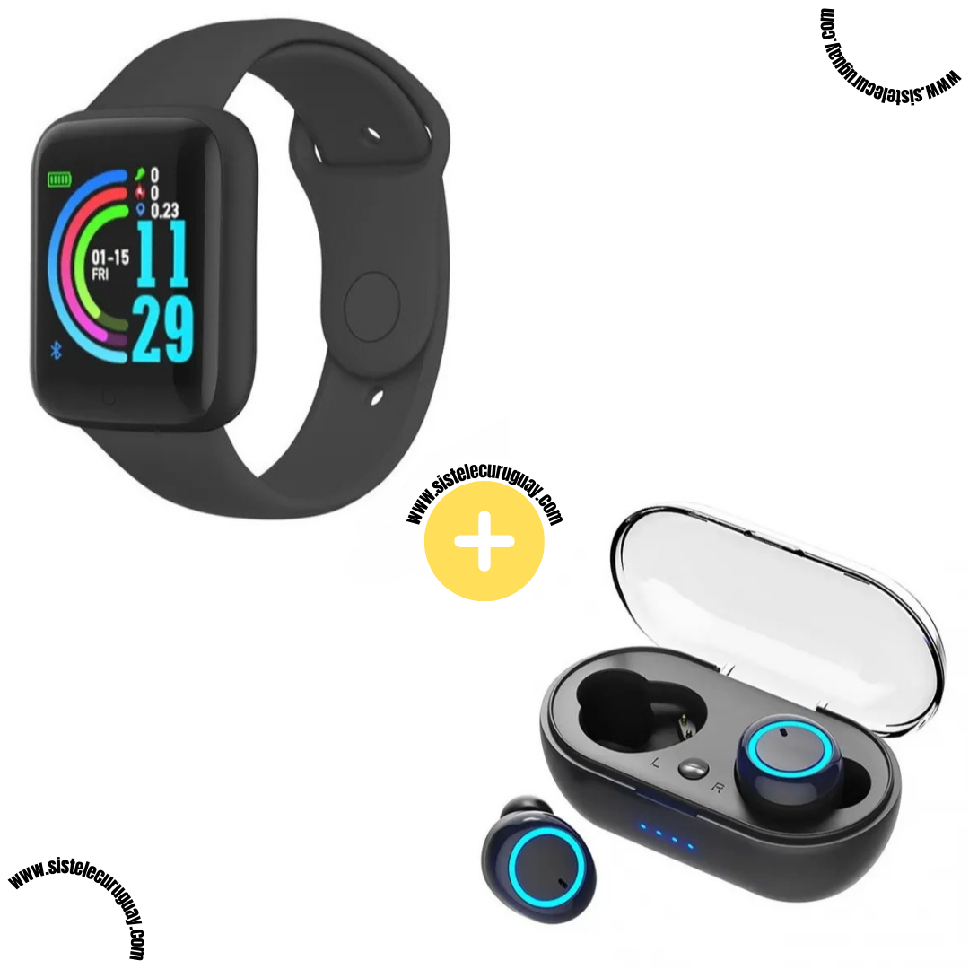 Smart Bracelet D20 PRO con Monitor Cardíaco y Control Deportivo + Auriculares Inalámbricos TWS Táctiles con Caja de Carga