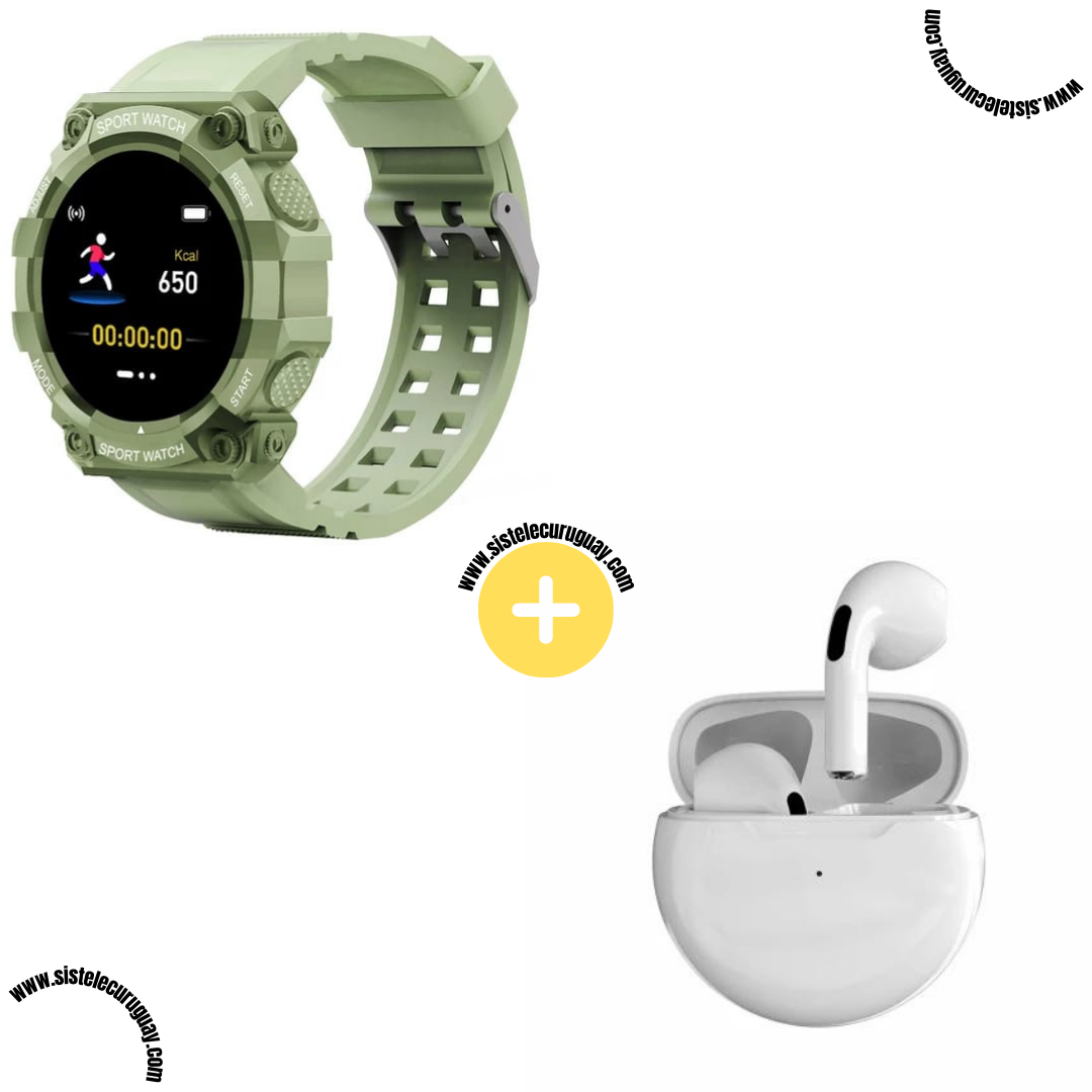 Sport Watch con Monitor Cardíaco y Funciones Deportivas + Auriculares Inalámbricos PRO6 con Bluetooth 5.0 y Caja de Carga