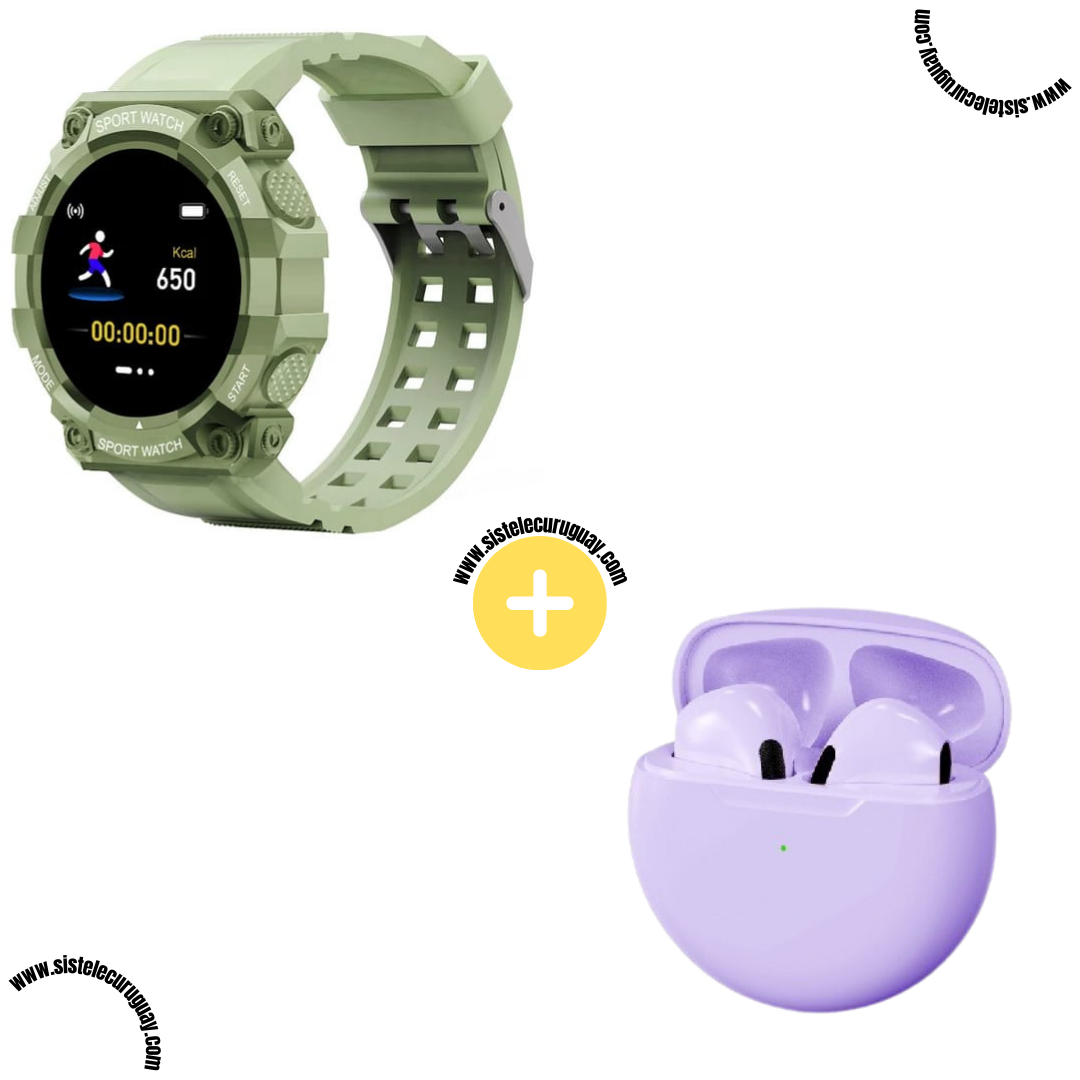 Sport Watch con Monitor Cardíaco y Funciones Deportivas + Auriculares Inalámbricos PRO6 con Bluetooth 5.0 y Caja de Carga