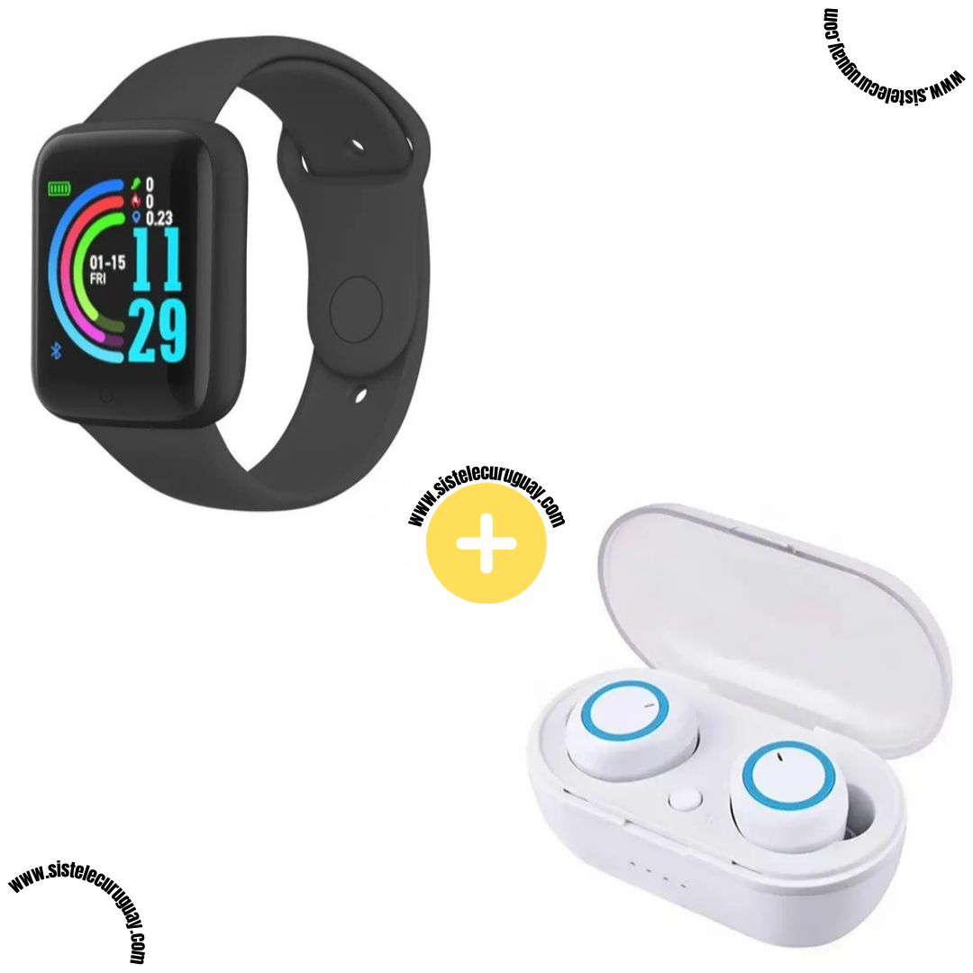 Smart Bracelet D20 PRO con Monitor Cardíaco y Control Deportivo + Auriculares Inalámbricos TWS Táctiles con Caja de Carga
