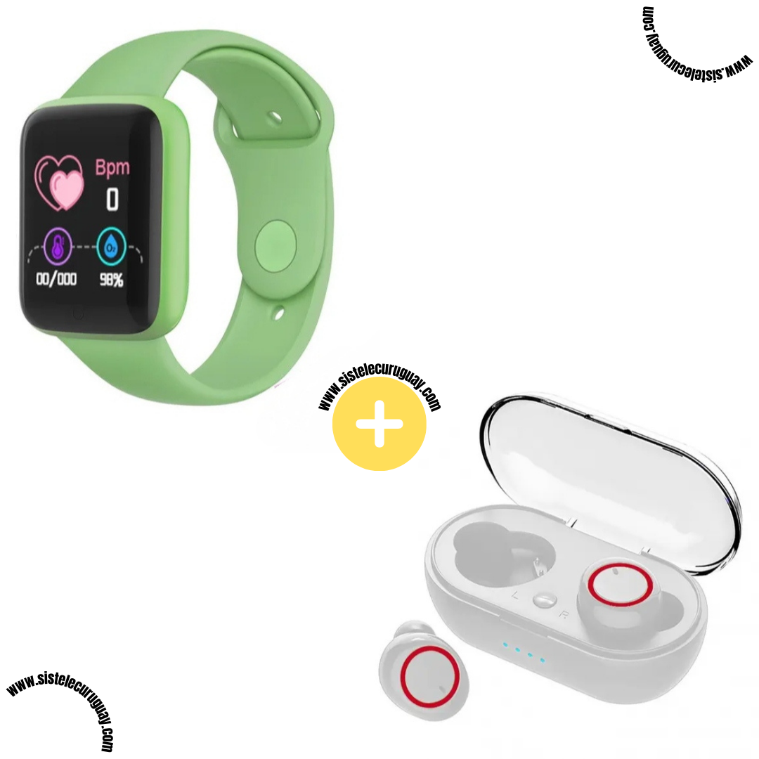 Smart Bracelet D20 PRO con Monitor Cardíaco y Control Deportivo + Auriculares Inalámbricos TWS Táctiles con Caja de Carga