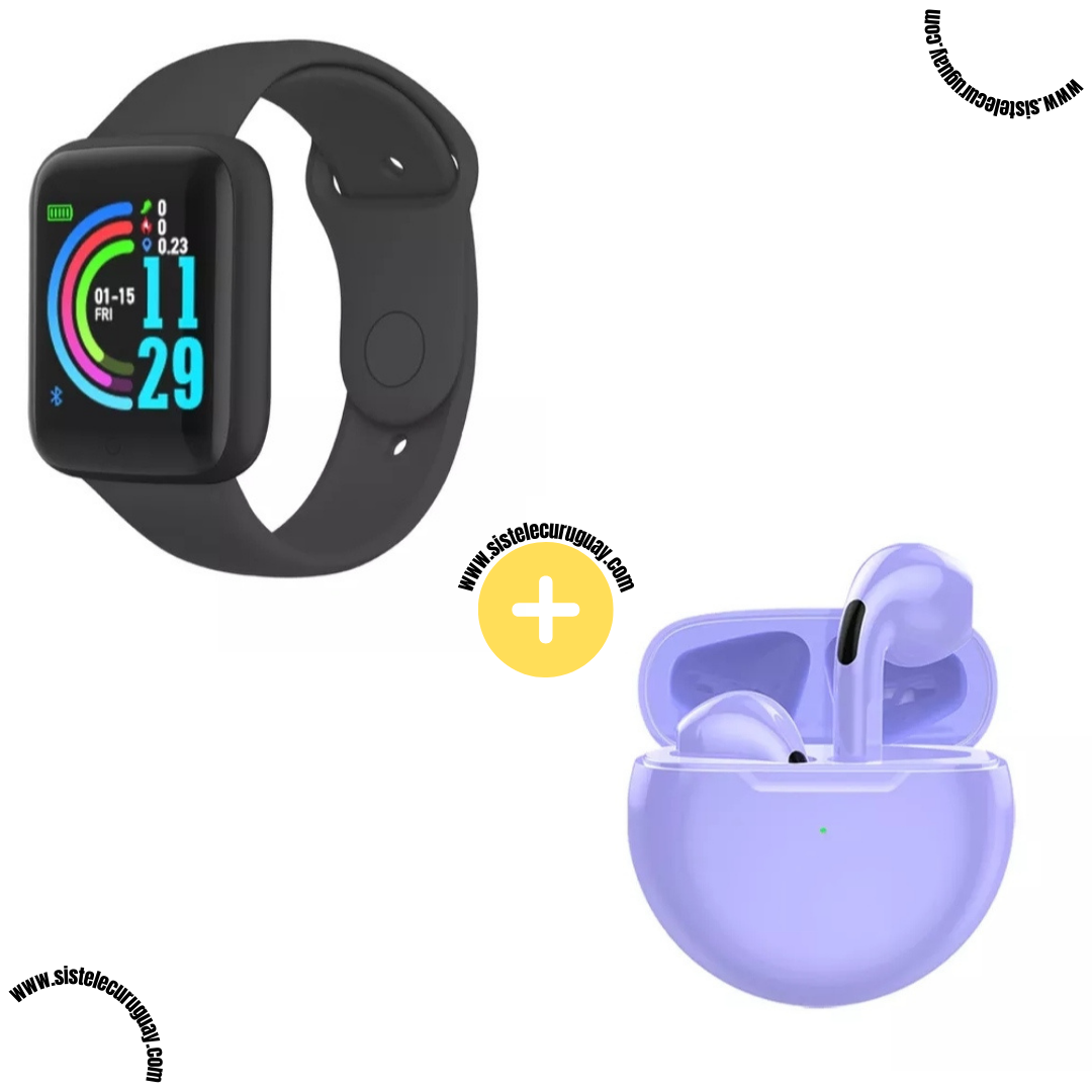 Smart Bracelet D20 PRO con Monitor Cardíaco y Control Deportivo + Auriculares Inalámbricos PRO6 con Bluetooth 5.0 y Caja de Carga