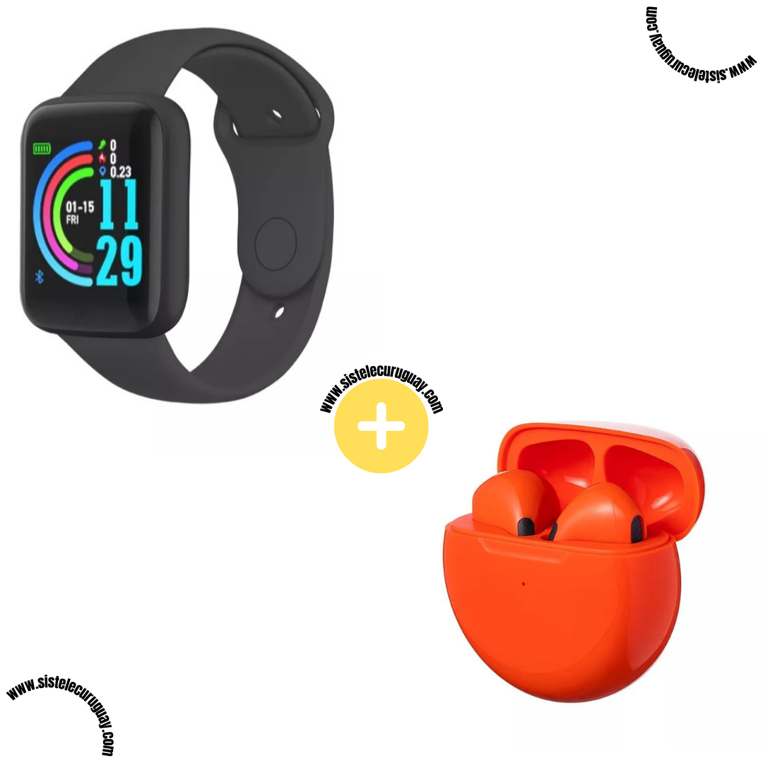 Smart Bracelet D20 PRO con Monitor Cardíaco y Control Deportivo + Auriculares Inalámbricos PRO6 con Bluetooth 5.0 y Caja de Carga