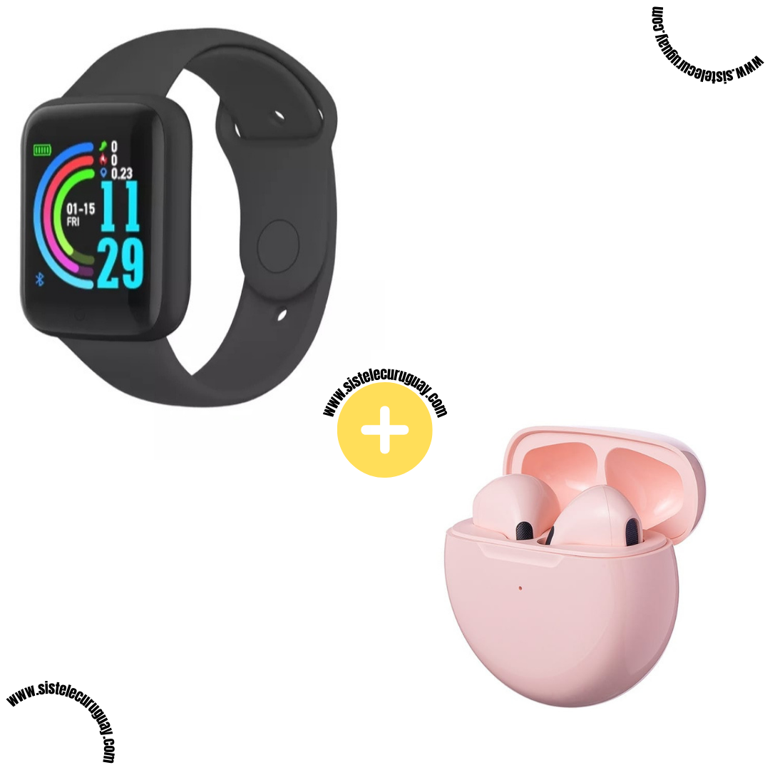 Smart Bracelet D20 PRO con Monitor Cardíaco y Control Deportivo + Auriculares Inalámbricos PRO6 con Bluetooth 5.0 y Caja de Carga