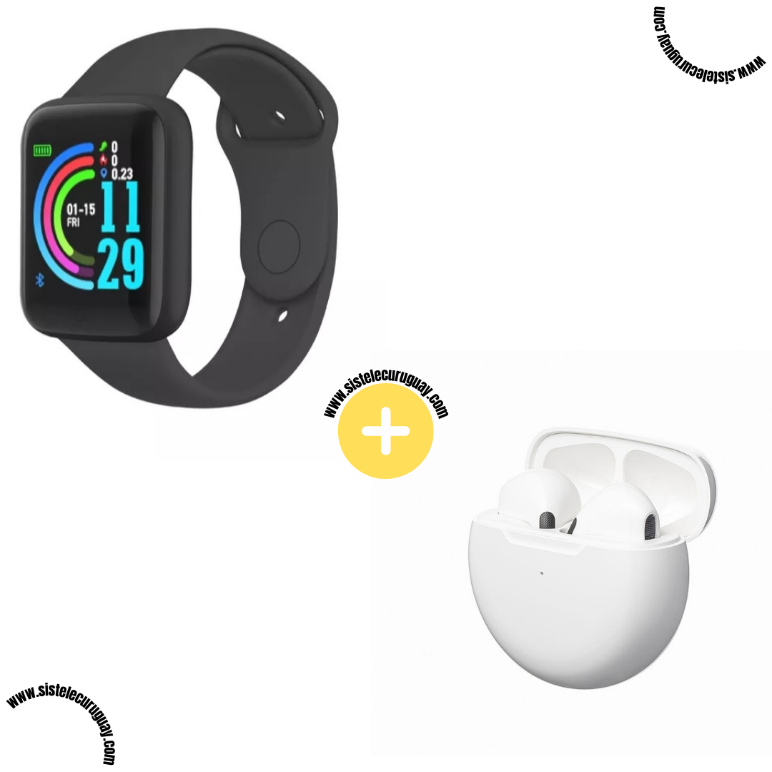 Smart Bracelet D20 PRO con Monitor Cardíaco y Control Deportivo + Auriculares Inalámbricos PRO6 con Bluetooth 5.0 y Caja de Carga