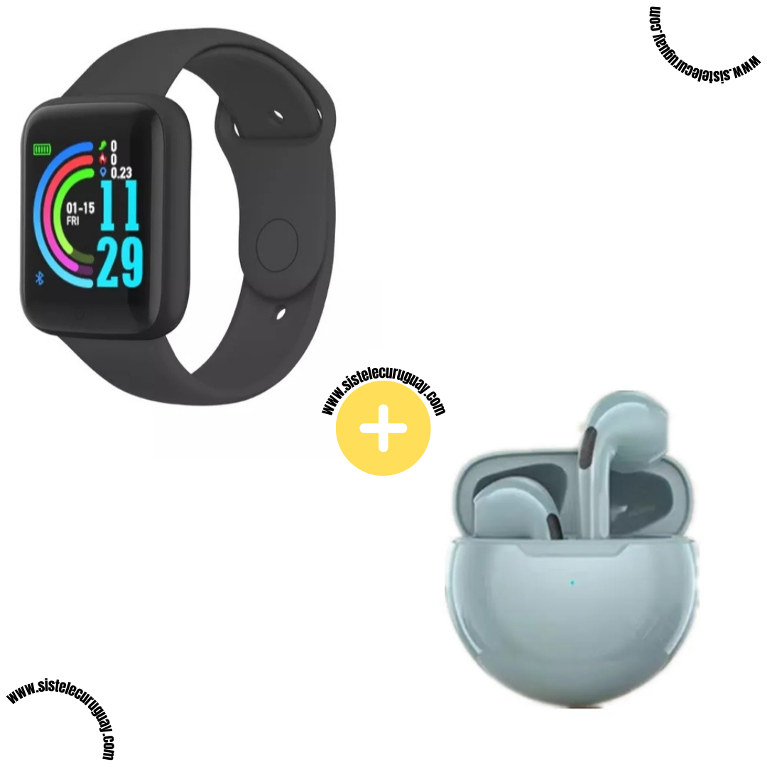Smart Bracelet D20 PRO con Monitor Cardíaco y Control Deportivo + Auriculares Inalámbricos PRO6 con Bluetooth 5.0 y Caja de Carga