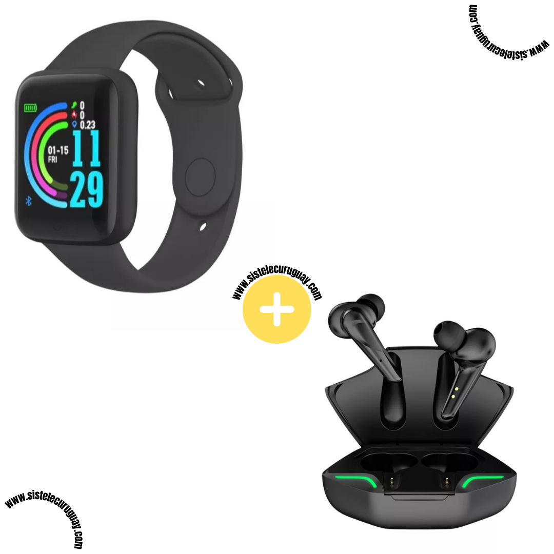 Smart Bracelet D20 PRO con Monitor Cardíaco y Funciones Deportivas + Auriculares Inalámbricos X15 PRO con Sonido HD y Caja de Carga