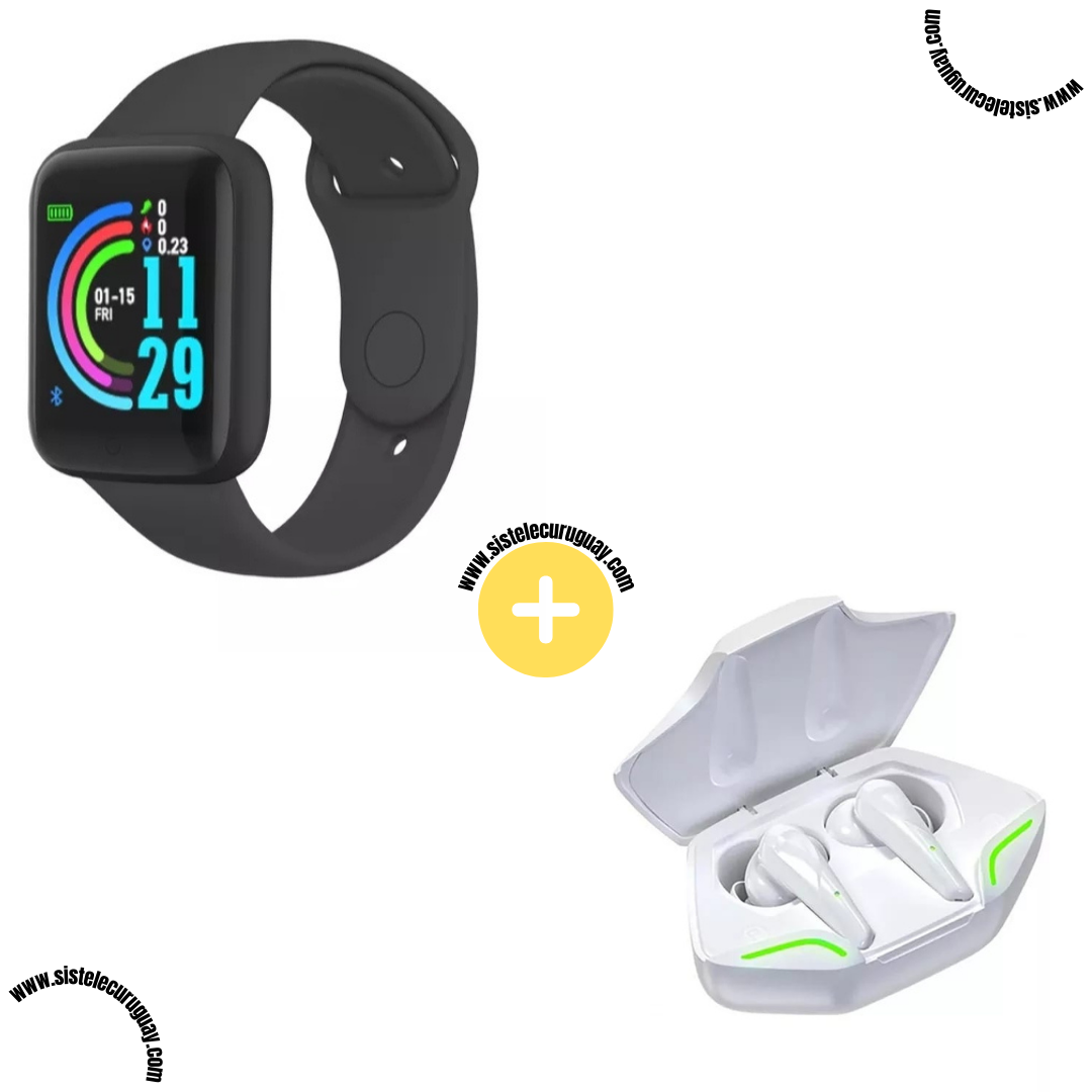 Smart Bracelet D20 PRO con Monitor Cardíaco y Funciones Deportivas + Auriculares Inalámbricos X15 PRO con Sonido HD y Caja de Carga