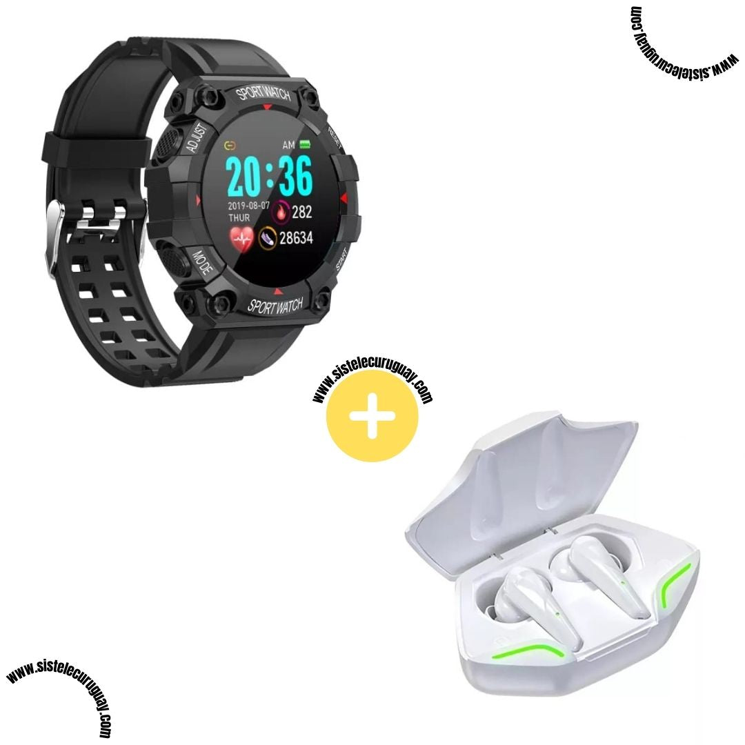 Sport Watch con Monitor Cardíaco y Funciones Deportivas + Auriculares Inalámbricos X15 PRO con Sonido HD y Caja de Carga