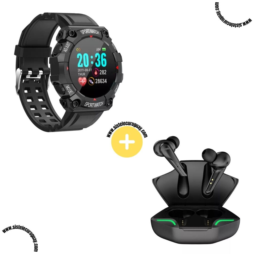 Sport Watch con Monitor Cardíaco y Funciones Deportivas + Auriculares Inalámbricos X15 PRO con Sonido HD y Caja de Carga