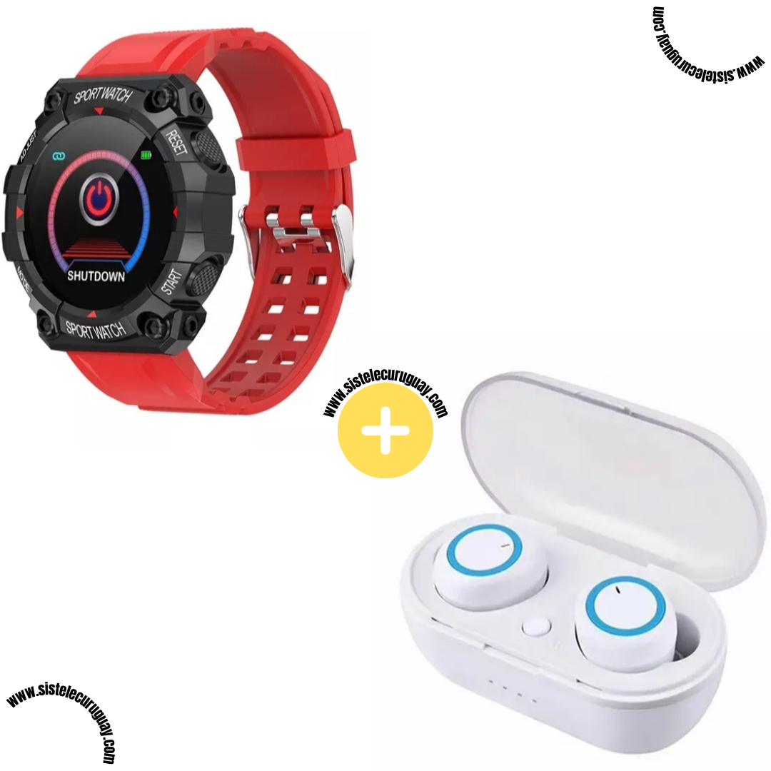 Sport Watch con Funciones Deportivas y Monitor Cardíaco + Auriculares Inalámbricos TWS Táctiles con Caja de Carga