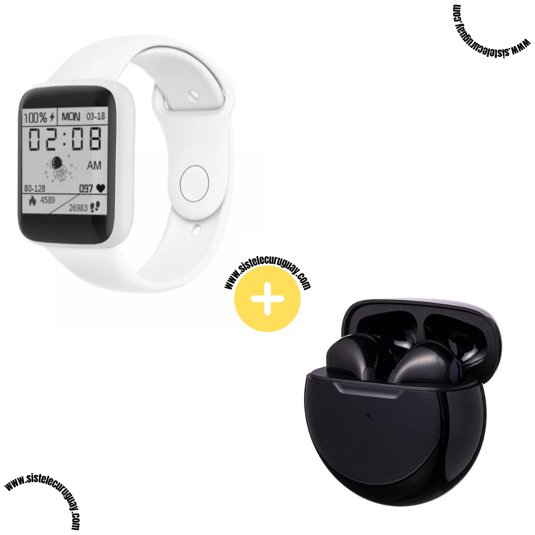Smart Bracelet D20 PRO con Monitor Cardíaco y Control Deportivo + Auriculares Inalámbricos PRO6 con Bluetooth 5.0 y Caja de Carga