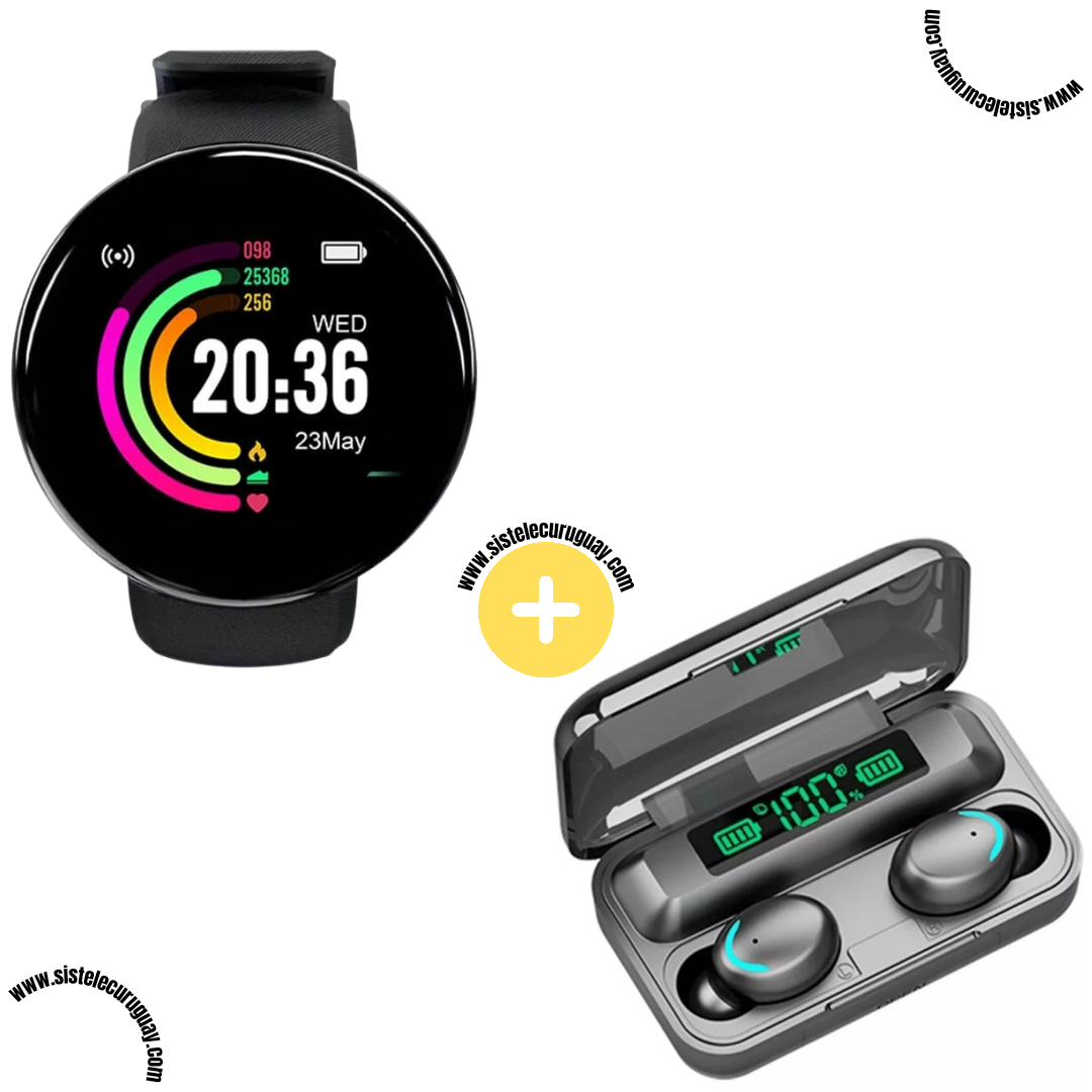 Smart Bracelet Circular con Monitor Cardíaco y Funciones Deportivas + Auriculares Inalámbricos F9 con Power Bank y Pantalla LED