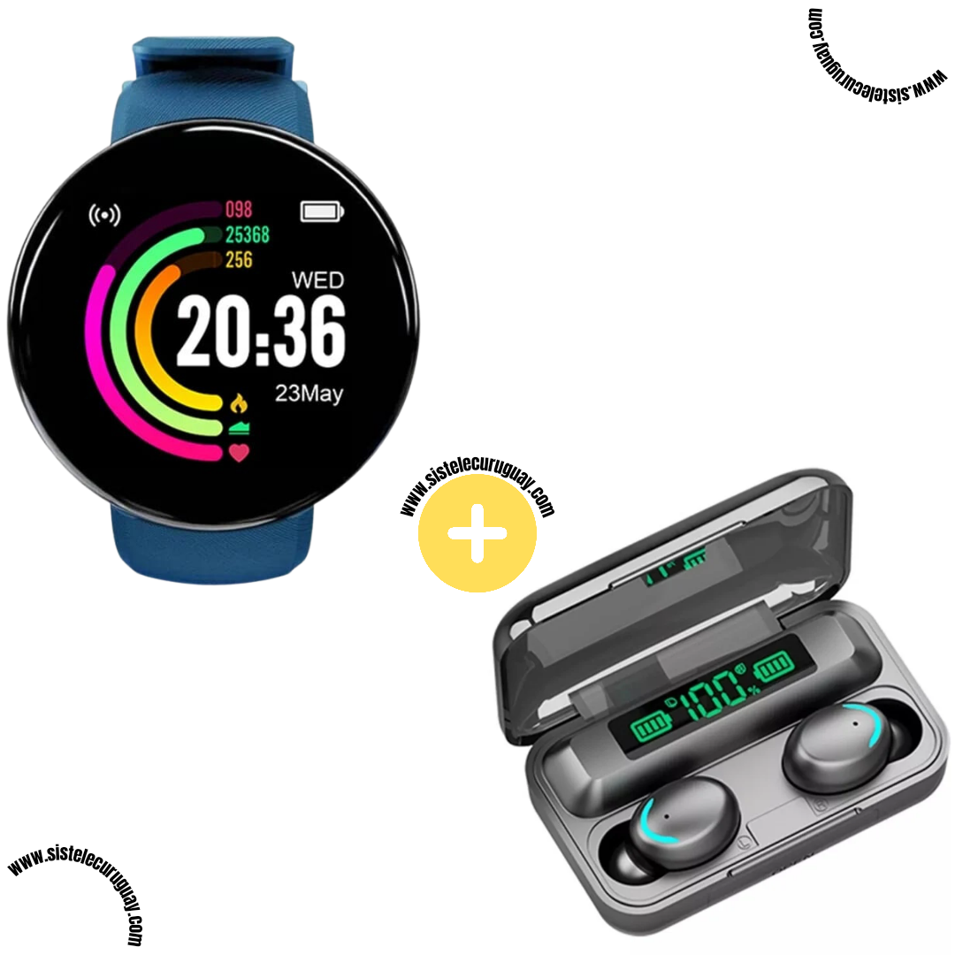 Smart Bracelet Circular con Monitor Cardíaco y Funciones Deportivas + Auriculares Inalámbricos F9 con Power Bank y Pantalla LED