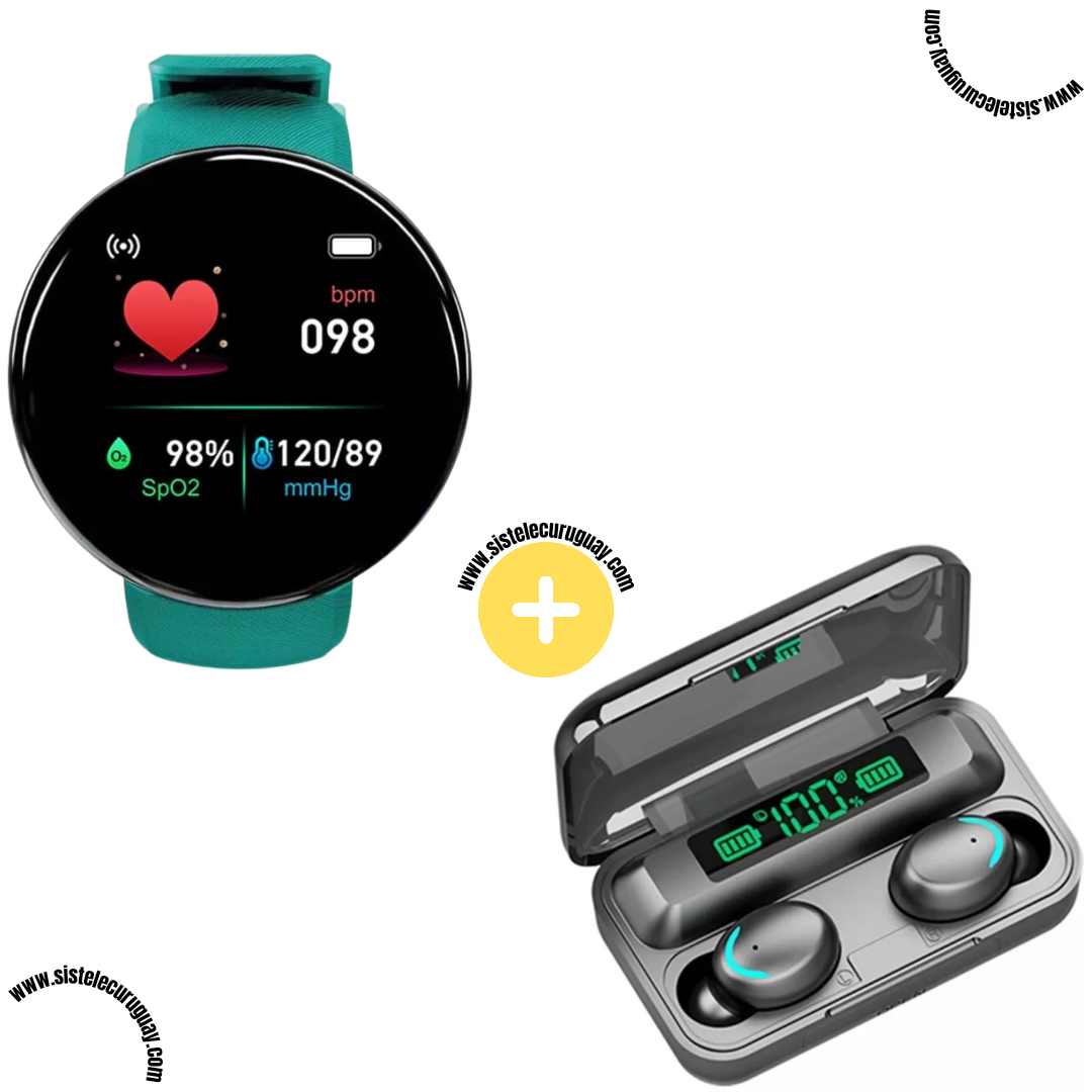 Smart Bracelet Circular con Monitor Cardíaco y Funciones Deportivas + Auriculares Inalámbricos F9 con Power Bank y Pantalla LED