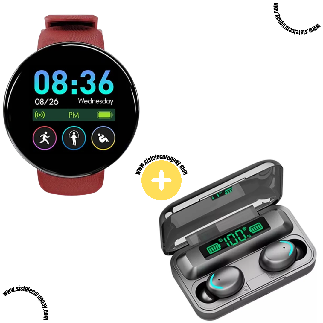 Smart Bracelet Circular con Monitor Cardíaco y Funciones Deportivas + Auriculares Inalámbricos F9 con Power Bank y Pantalla LED