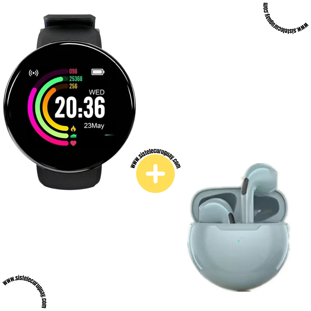 Smart Bracelet Circular con Monitor Cardíaco y Funciones Deportivas + Auriculares Inalámbricos PRO6 con Bluetooth 5.0 y Pantalla LED