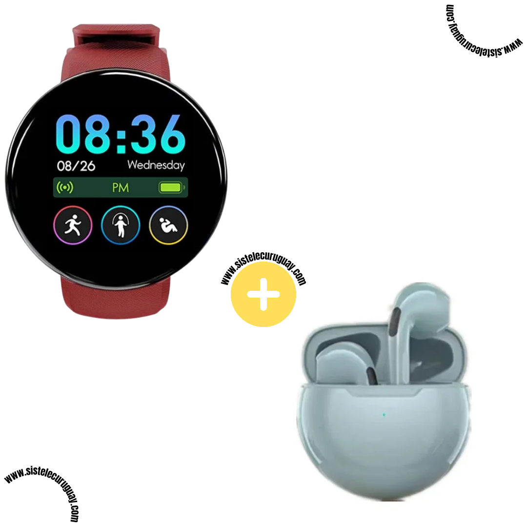 Smart Bracelet Circular con Monitor Cardíaco y Funciones Deportivas + Auriculares Inalámbricos PRO6 con Bluetooth 5.0 y Pantalla LED