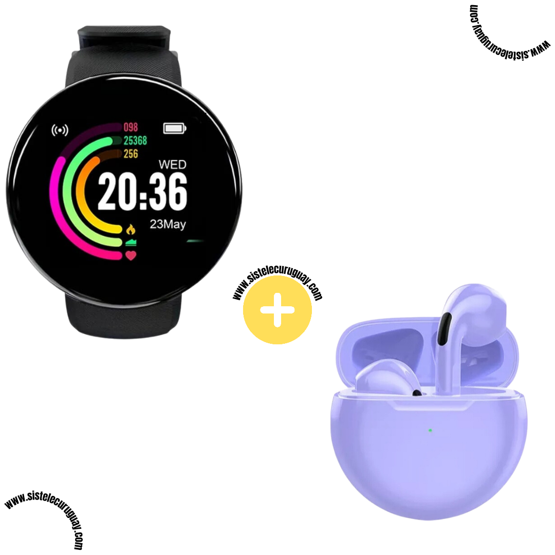 Smart Bracelet Circular con Monitor Cardíaco y Funciones Deportivas + Auriculares Inalámbricos PRO6 con Bluetooth 5.0 y Pantalla LED