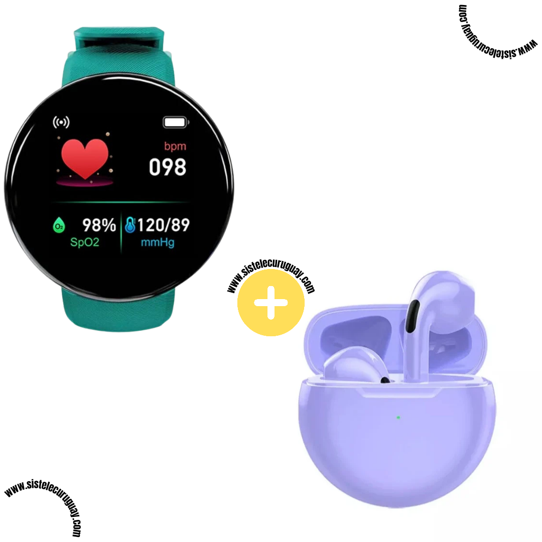 Smart Bracelet Circular con Monitor Cardíaco y Funciones Deportivas + Auriculares Inalámbricos PRO6 con Bluetooth 5.0 y Pantalla LED