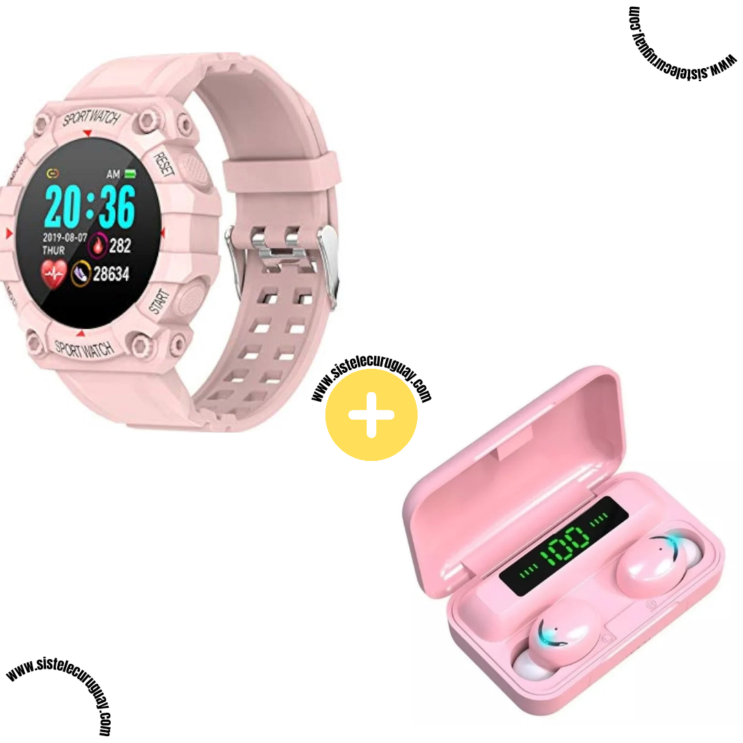 Sport Watch con Monitor Cardíaco y Funciones Deportivas + Auriculares Inalámbricos F9 con Power Bank y Pantalla LED