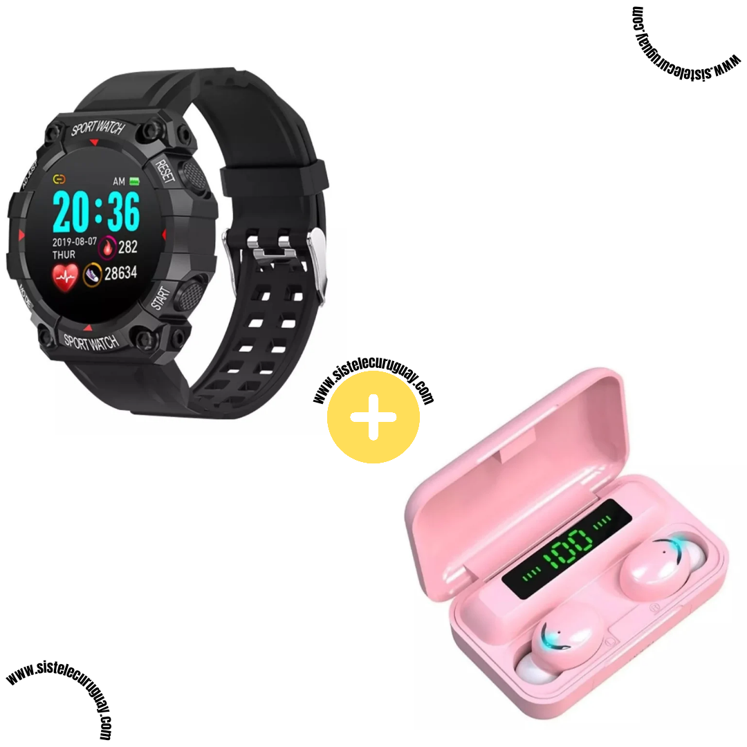 Sport Watch con Monitor Cardíaco y Funciones Deportivas + Auriculares Inalámbricos F9 con Power Bank y Pantalla LED