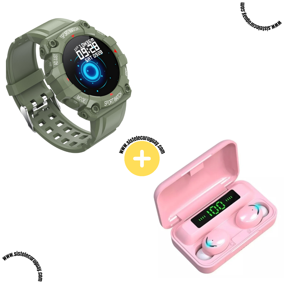 Sport Watch con Monitor Cardíaco y Funciones Deportivas + Auriculares Inalámbricos F9 con Power Bank y Pantalla LED