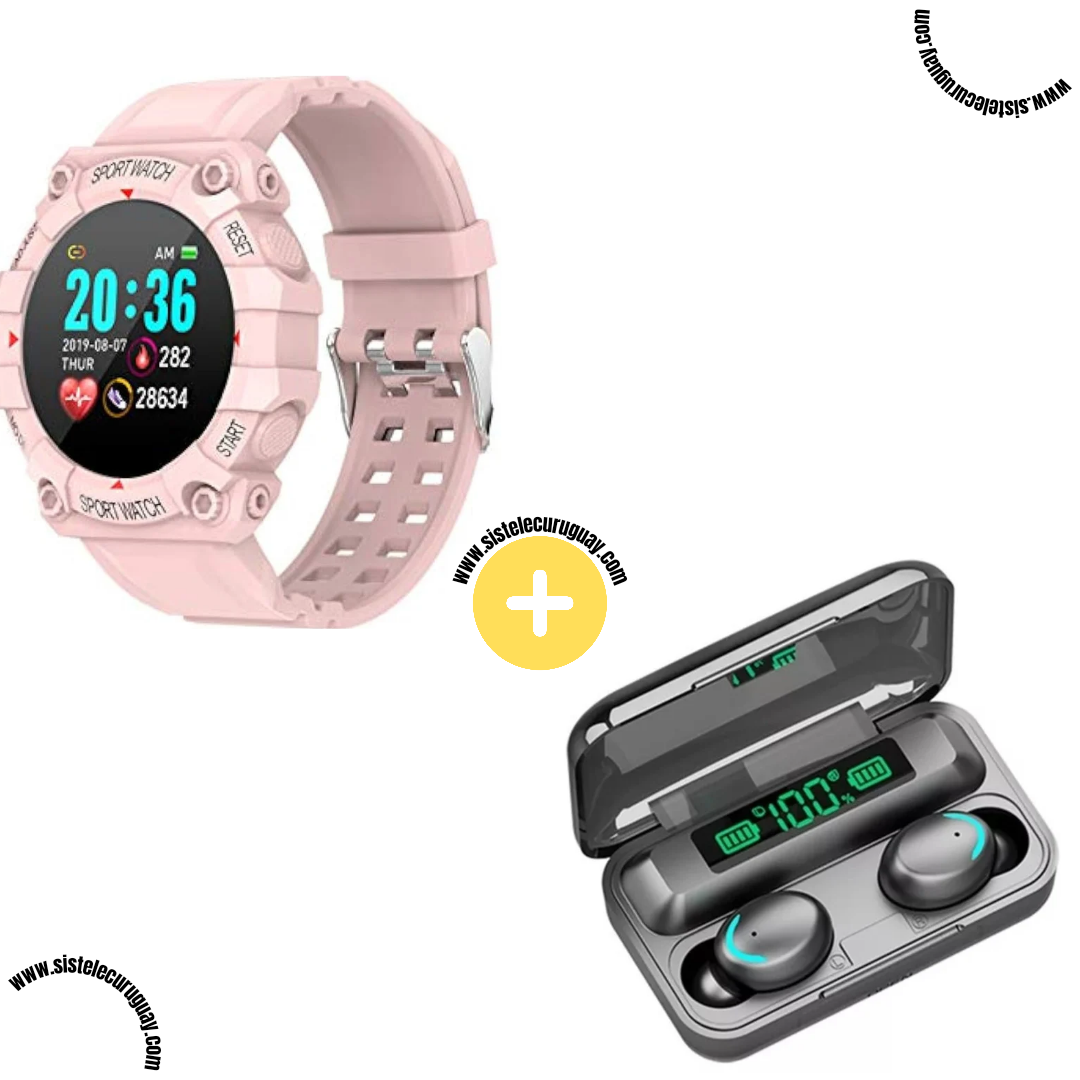 Sport Watch con Monitor Cardíaco y Funciones Deportivas + Auriculares Inalámbricos F9 con Power Bank y Pantalla LED