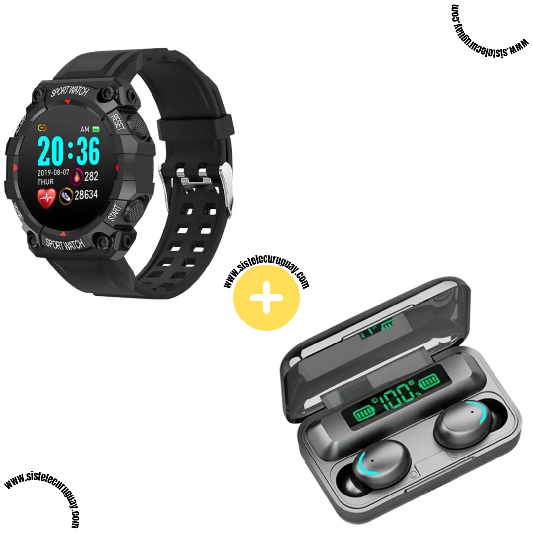Sport Watch con Monitor Cardíaco y Funciones Deportivas + Auriculares Inalámbricos F9 con Power Bank y Pantalla LED