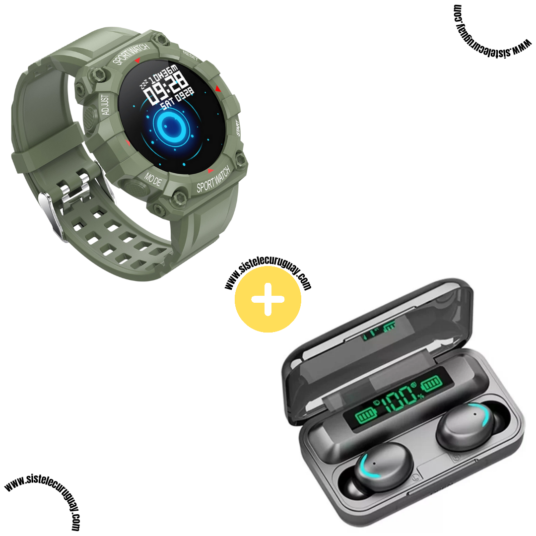 Sport Watch con Monitor Cardíaco y Funciones Deportivas + Auriculares Inalámbricos F9 con Power Bank y Pantalla LED