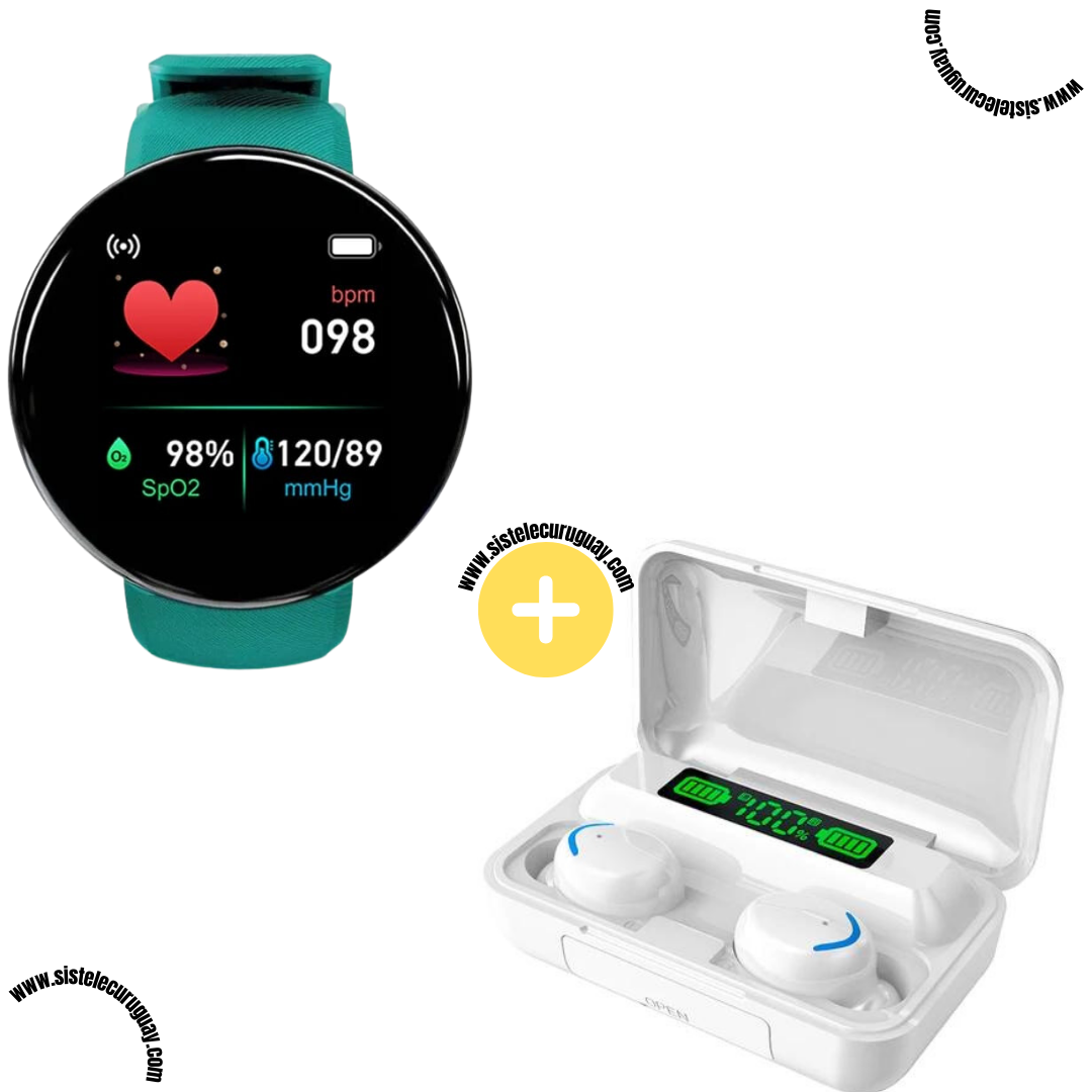 Smart Bracelet Circular con Monitor Cardíaco y Funciones Deportivas + Auriculares Inalámbricos F9 con Power Bank y Pantalla LED