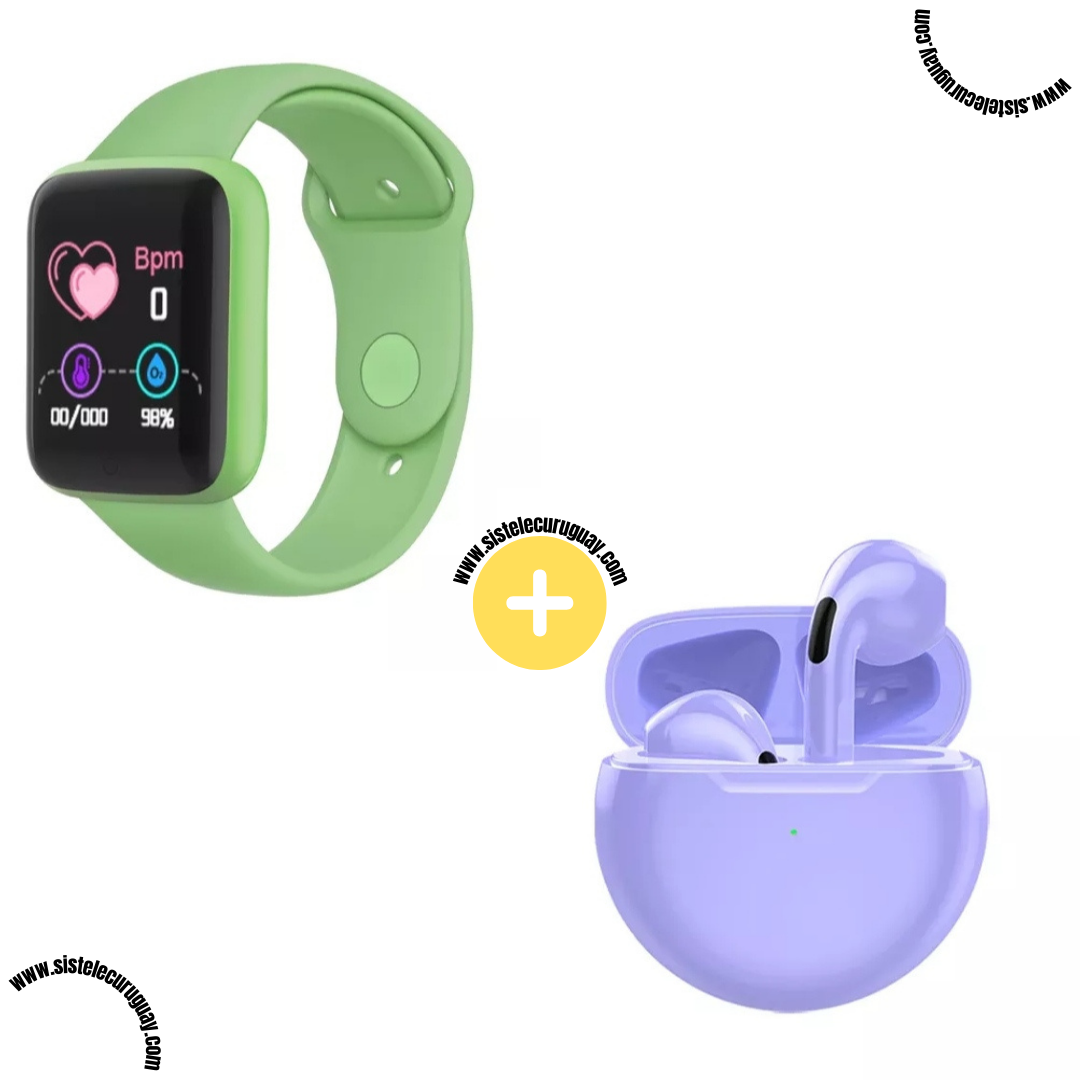 Smart Bracelet D20 PRO con Monitor Cardíaco y Control Deportivo + Auriculares Inalámbricos PRO6 con Bluetooth 5.0 y Caja de Carga