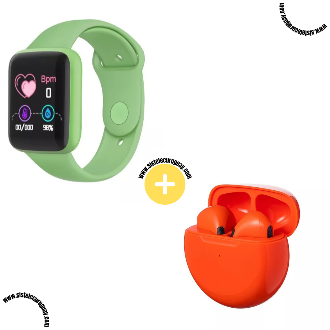 Smart Bracelet D20 PRO con Monitor Cardíaco y Control Deportivo + Auriculares Inalámbricos PRO6 con Bluetooth 5.0 y Caja de Carga