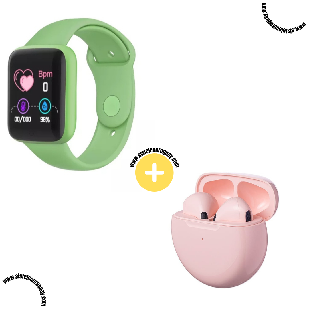 Smart Bracelet D20 PRO con Monitor Cardíaco y Control Deportivo + Auriculares Inalámbricos PRO6 con Bluetooth 5.0 y Caja de Carga