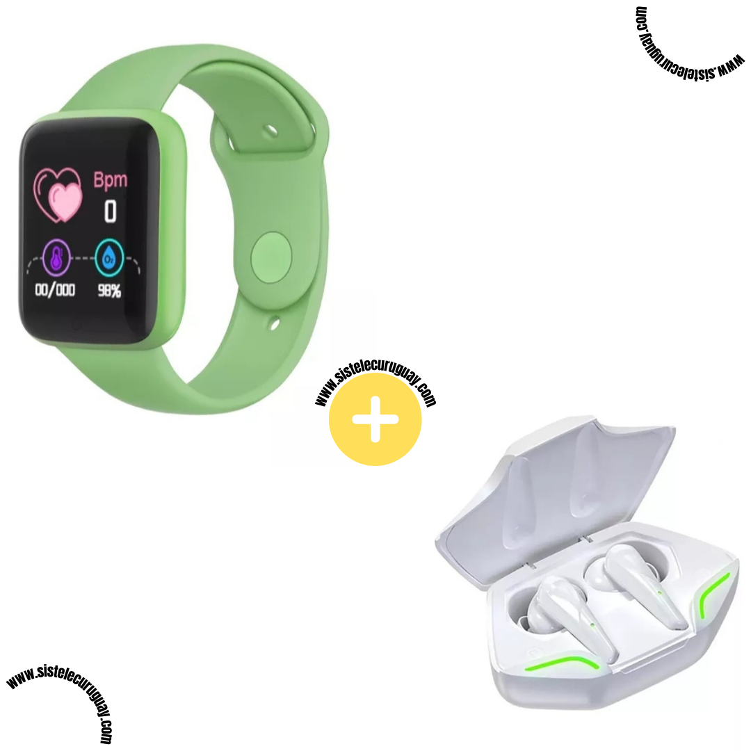 Smart Bracelet D20 PRO con Monitor Cardíaco y Funciones Deportivas + Auriculares Inalámbricos X15 PRO con Sonido HD y Caja de Carga