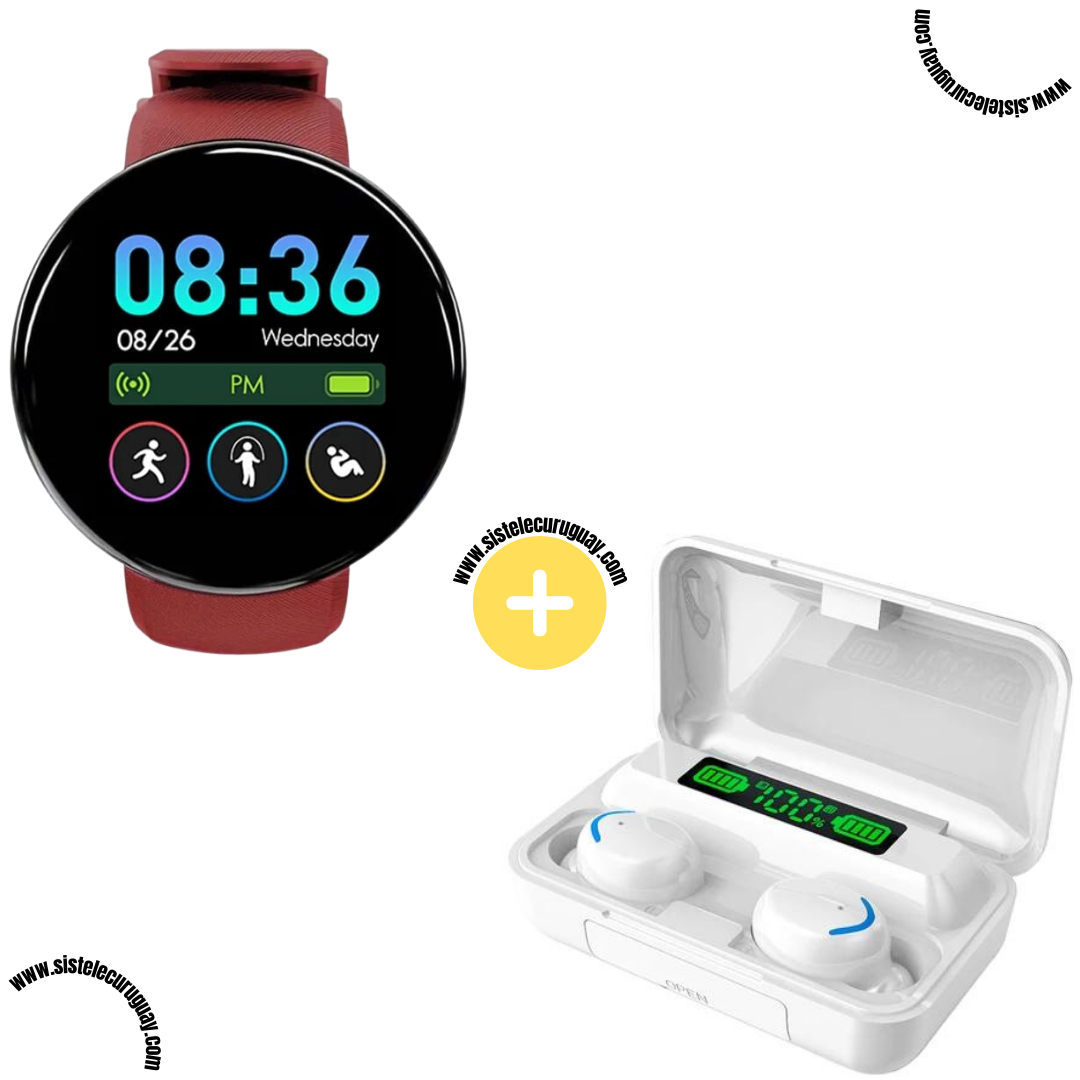 Smart Bracelet Circular con Monitor Cardíaco y Funciones Deportivas + Auriculares Inalámbricos F9 con Power Bank y Pantalla LED
