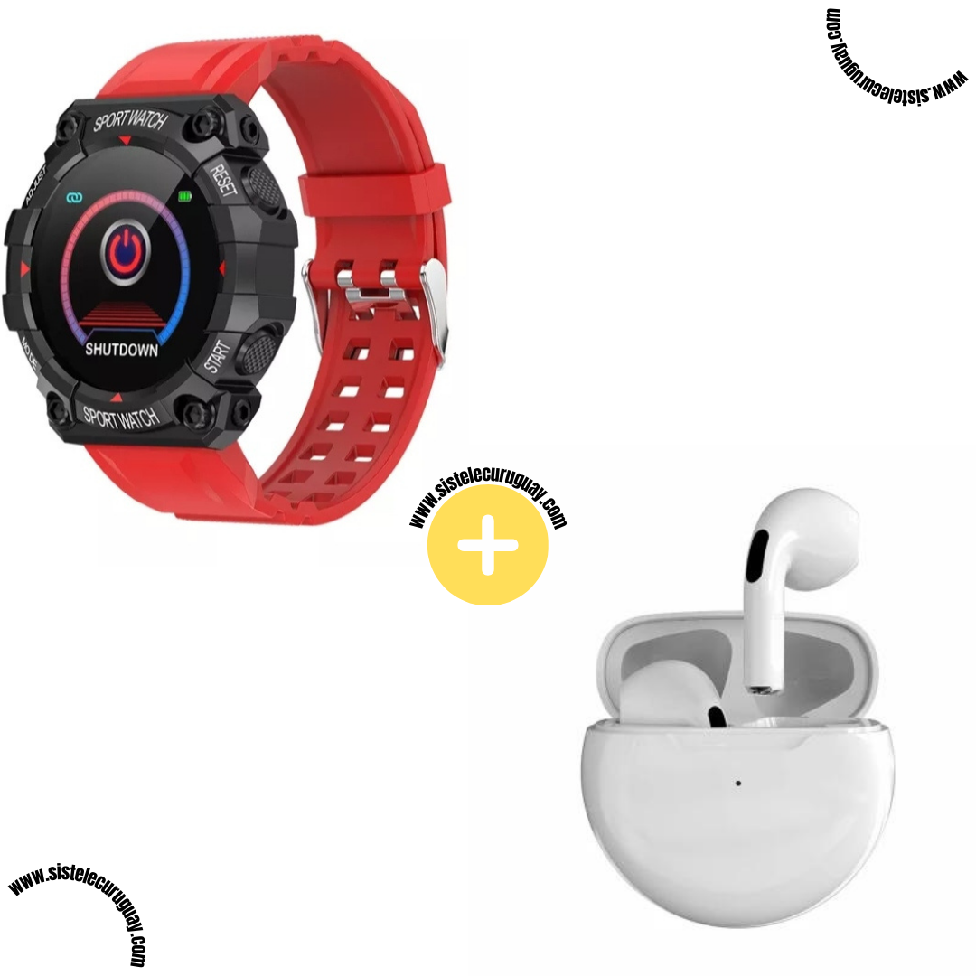 Sport Watch con Monitor Cardíaco y Funciones Deportivas + Auriculares Inalámbricos PRO6 con Bluetooth 5.0 y Caja de Carga