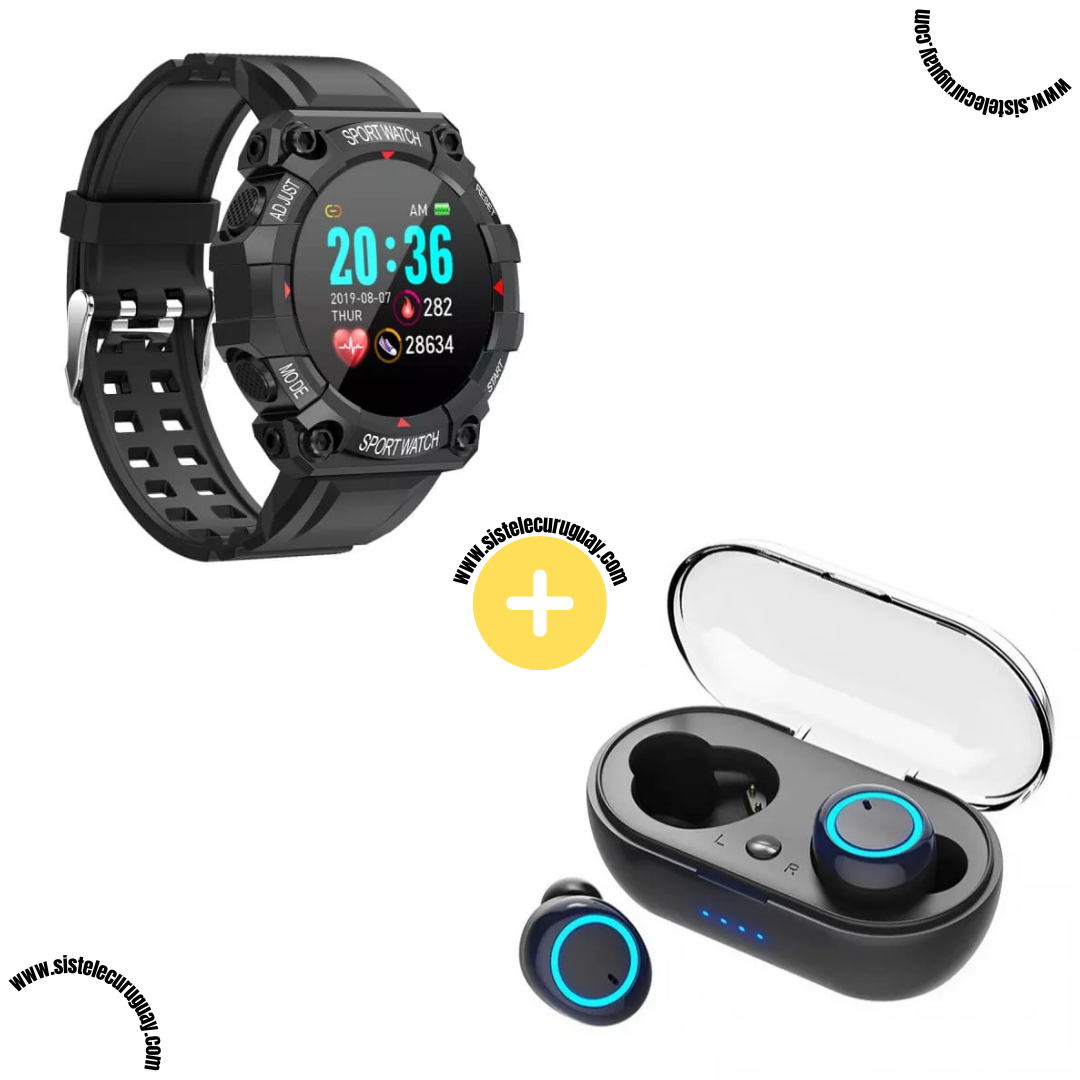 Sport Watch con Funciones Deportivas y Monitor Cardíaco + Auriculares Inalámbricos TWS Táctiles con Caja de Carga