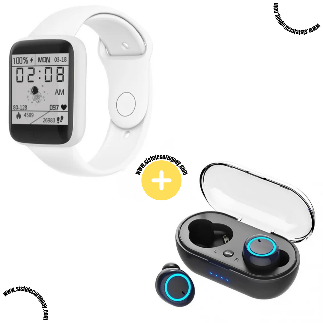 Smart Bracelet D20 PRO con Monitor Cardíaco y Control Deportivo + Auriculares Inalámbricos TWS Táctiles con Caja de Carga
