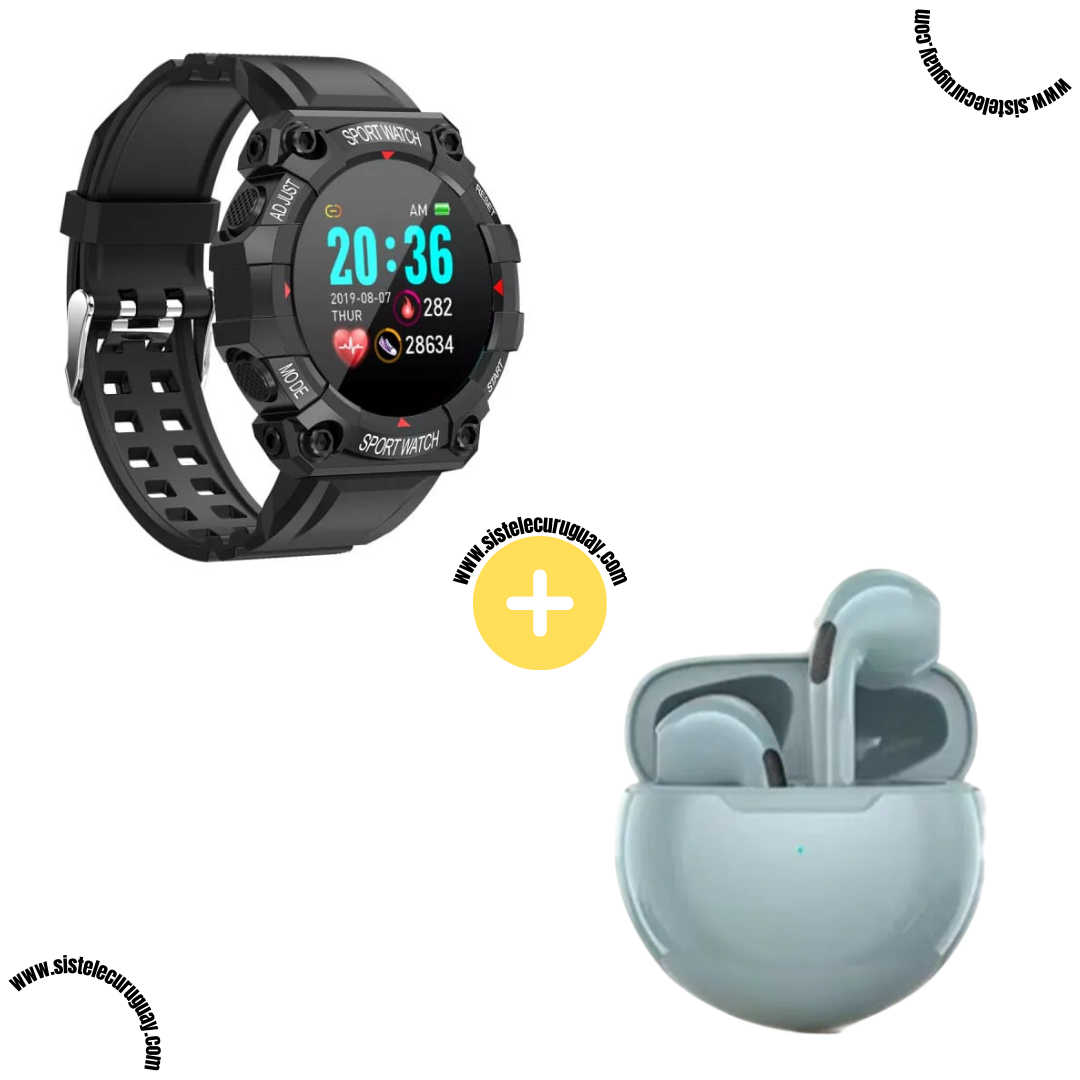 Sport Watch con Monitor Cardíaco y Funciones Deportivas + Auriculares Inalámbricos PRO6 con Bluetooth 5.0 y Caja de Carga