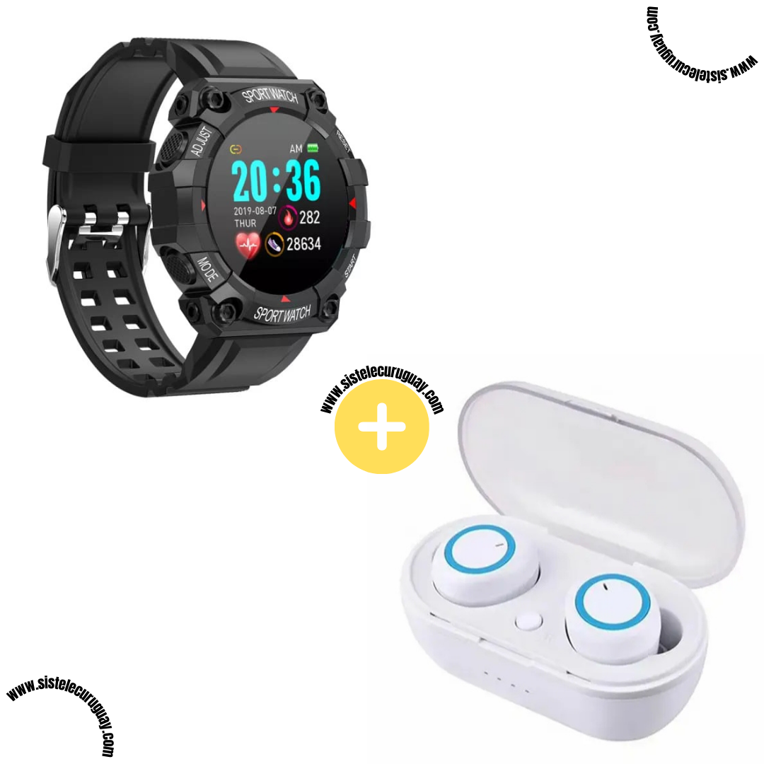 Sport Watch con Funciones Deportivas y Monitor Cardíaco + Auriculares Inalámbricos TWS Táctiles con Caja de Carga