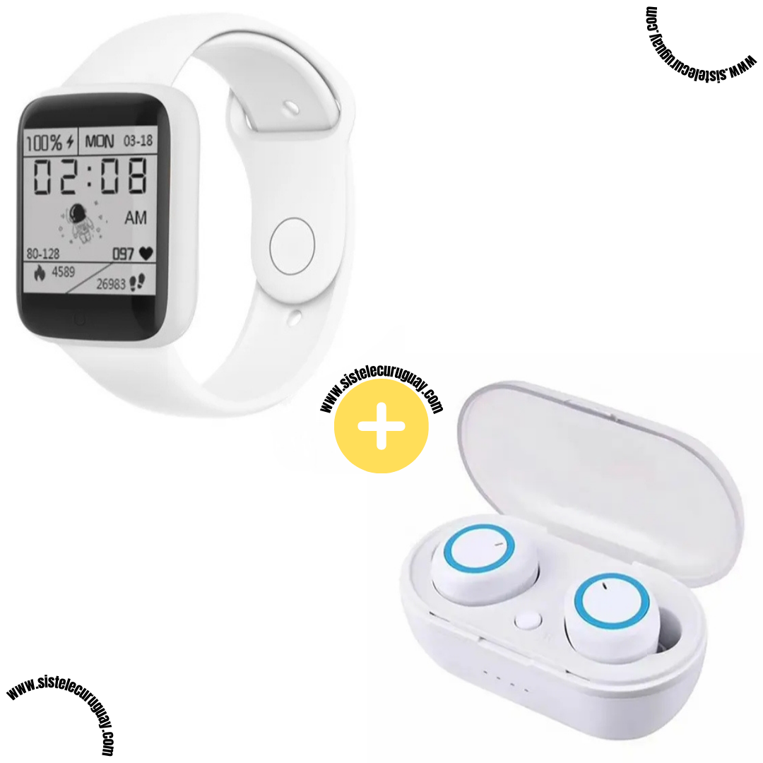 Smart Bracelet D20 PRO con Monitor Cardíaco y Control Deportivo + Auriculares Inalámbricos TWS Táctiles con Caja de Carga