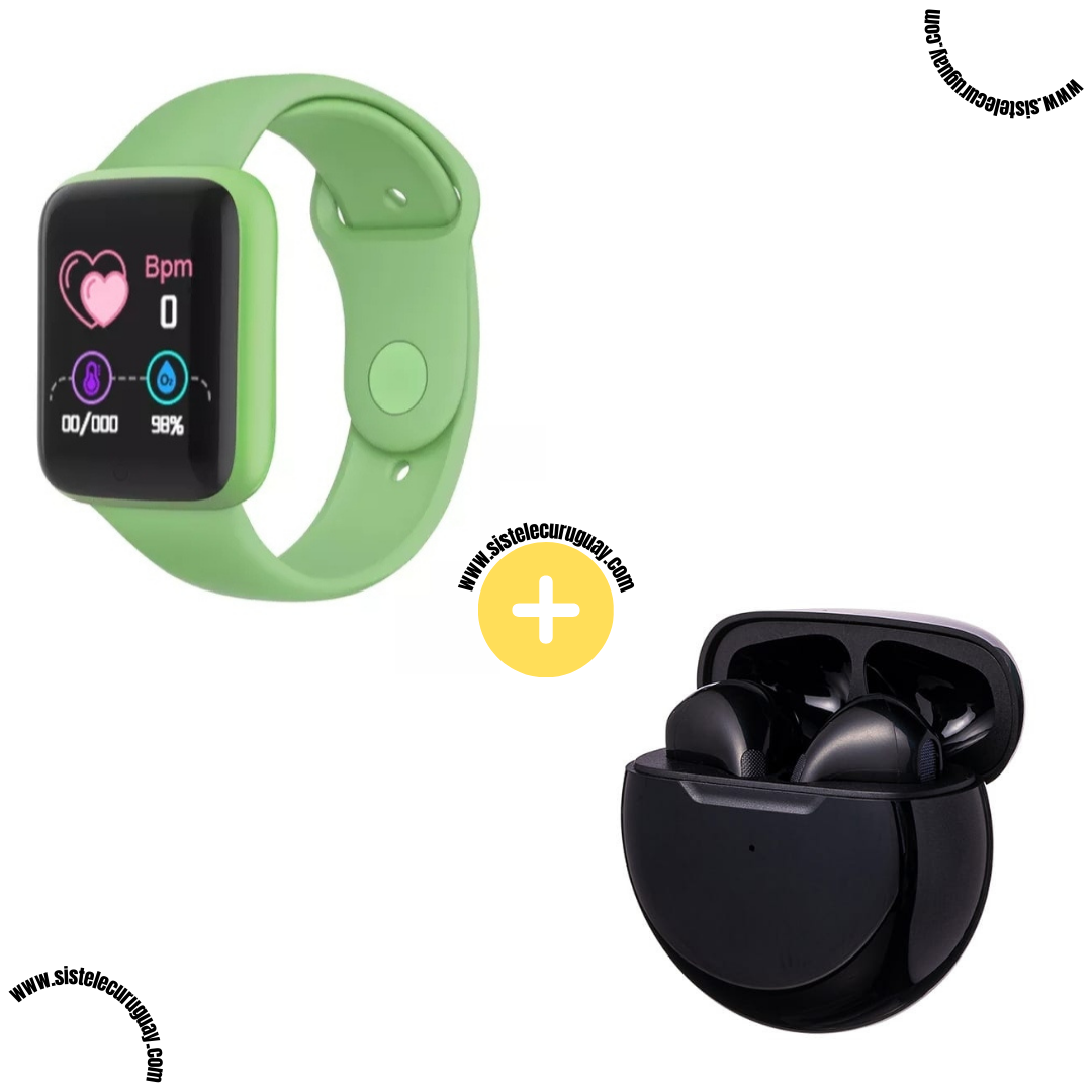 Smart Bracelet D20 PRO con Monitor Cardíaco y Control Deportivo + Auriculares Inalámbricos PRO6 con Bluetooth 5.0 y Caja de Carga